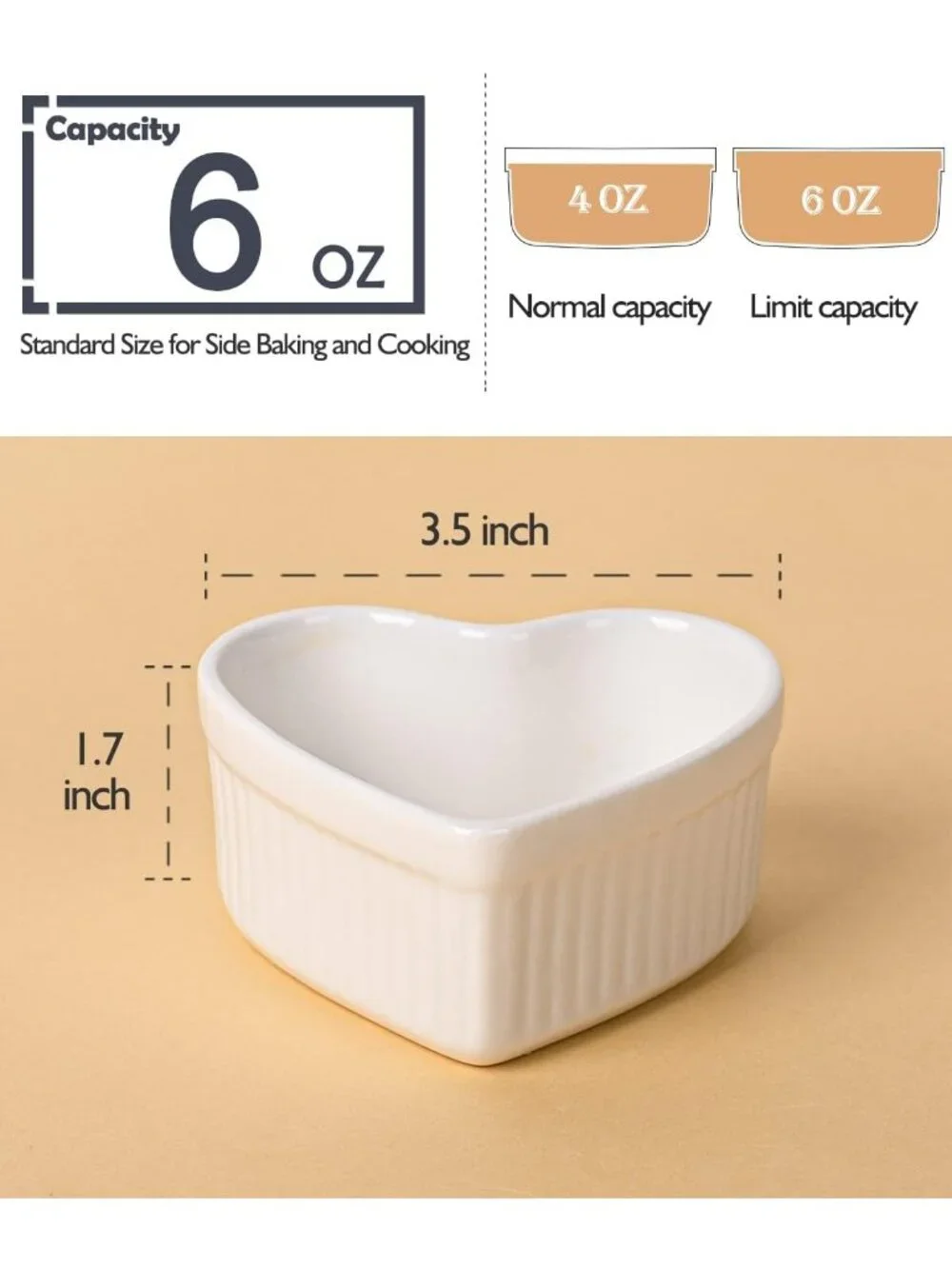Heart Shaped Ramekins Set of 6 - 6 Oz Porcelain Baking Dishes for Souffle